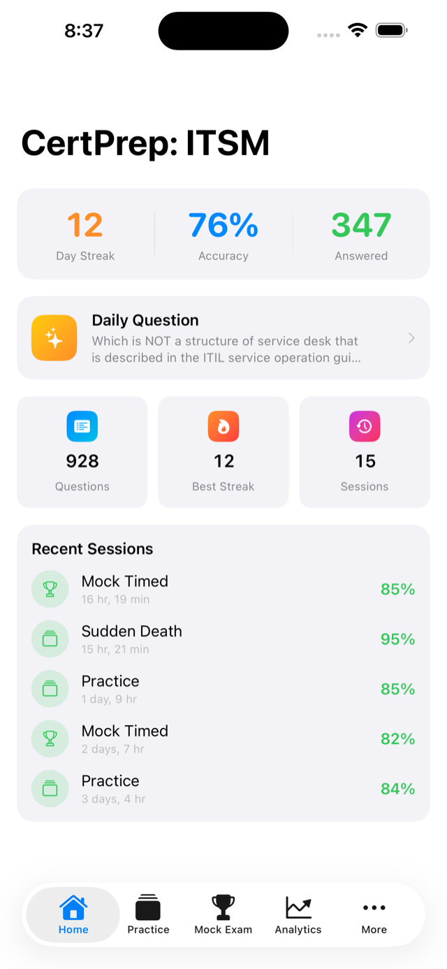 App home screen showing study options and progress