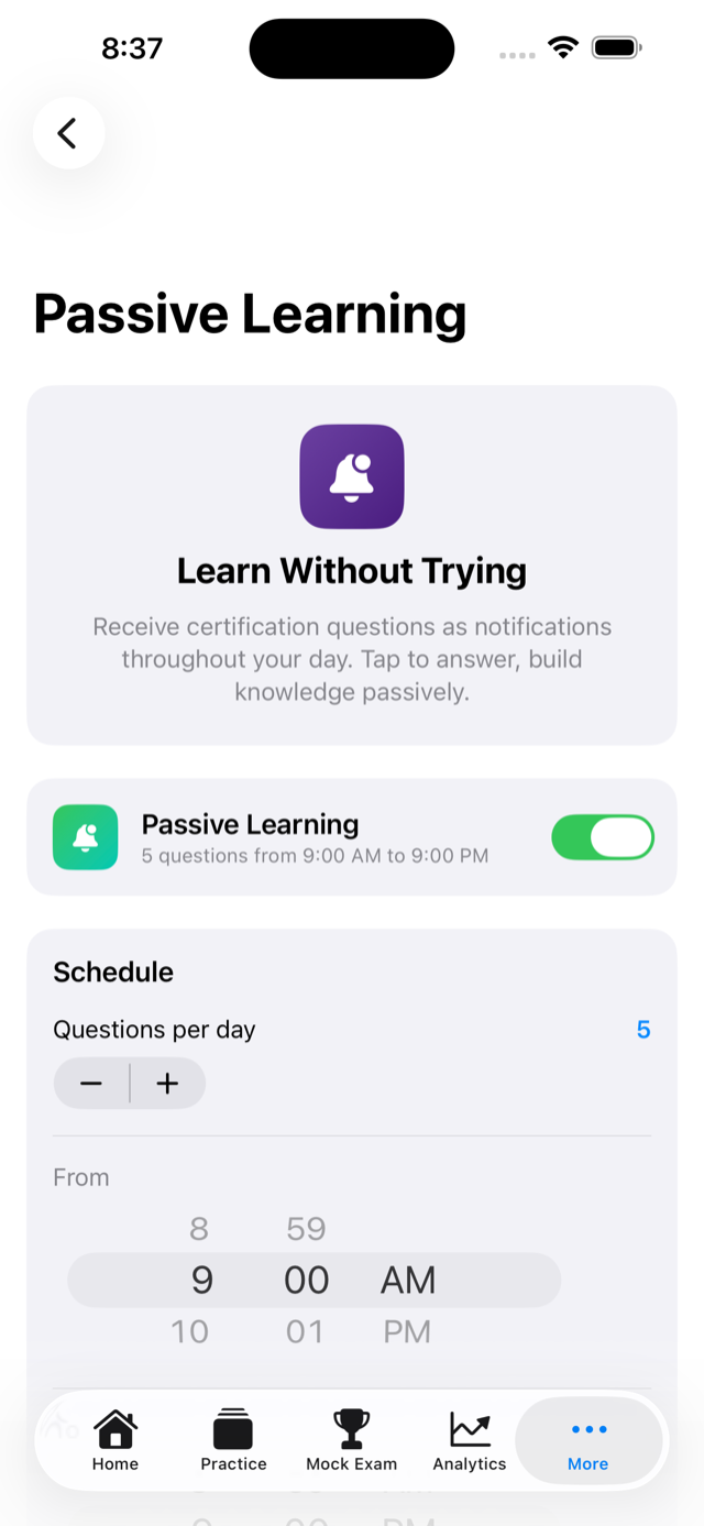 Passive learning notification settings screen