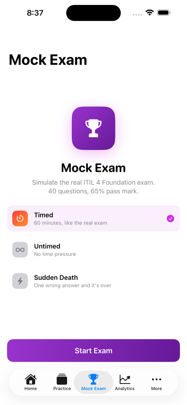 Mock exam screen showing timed exam with progress indicator