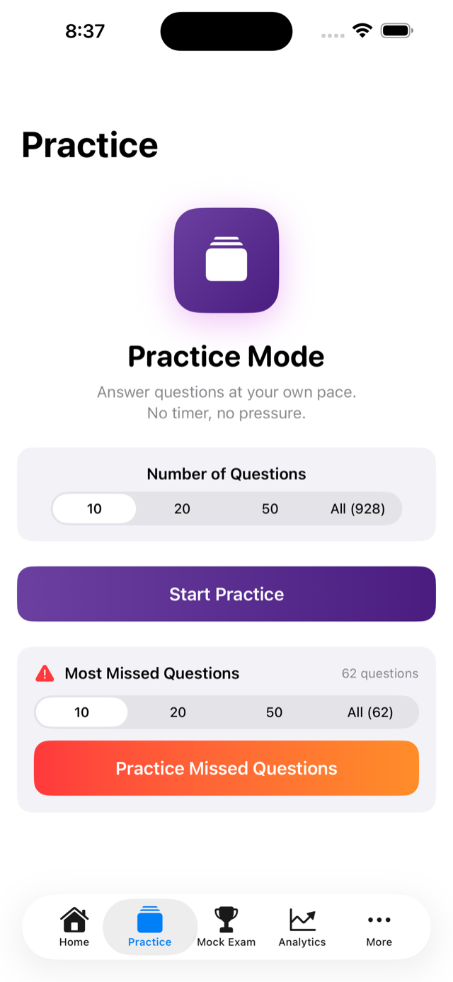 Practice mode screen showing an ITIL 4 question