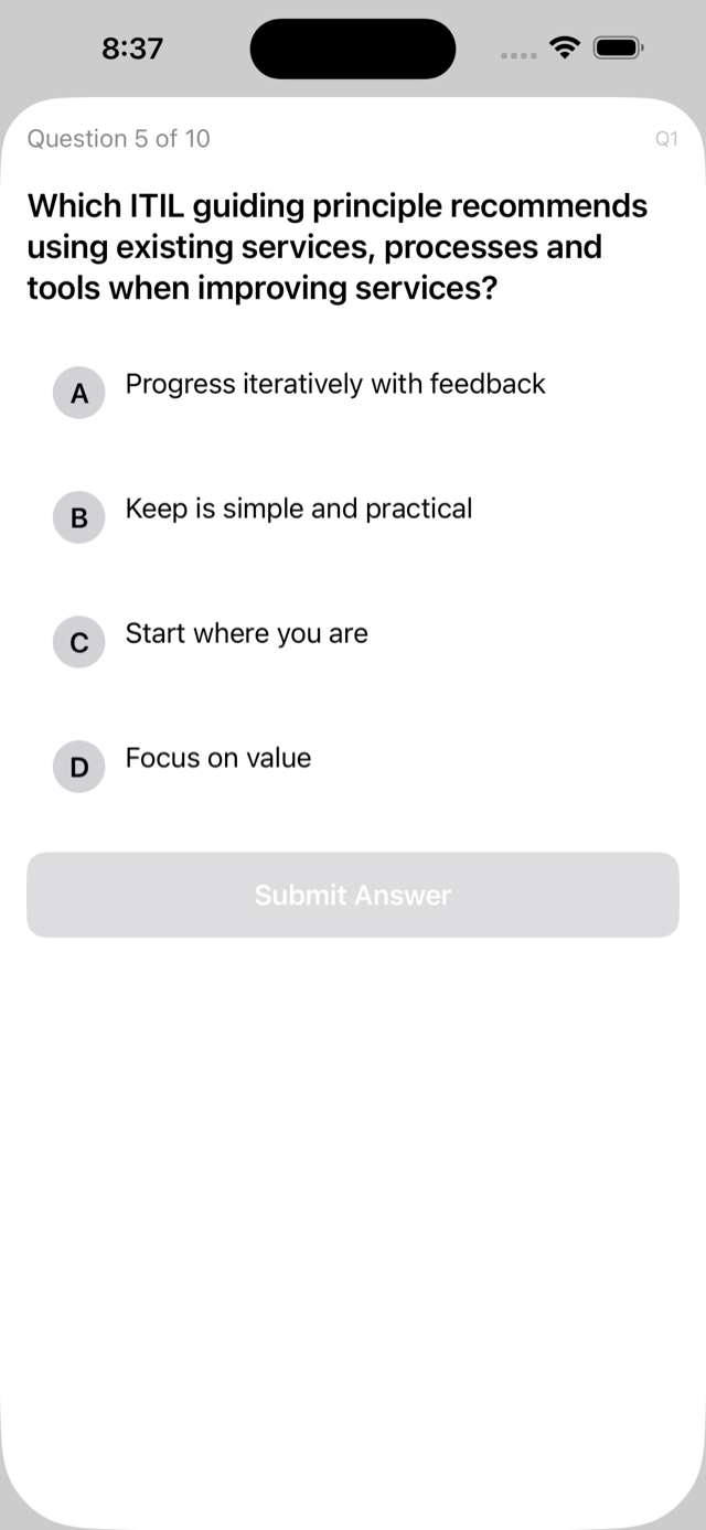 Question screen showing an ITIL 4 multiple-choice question with answer options